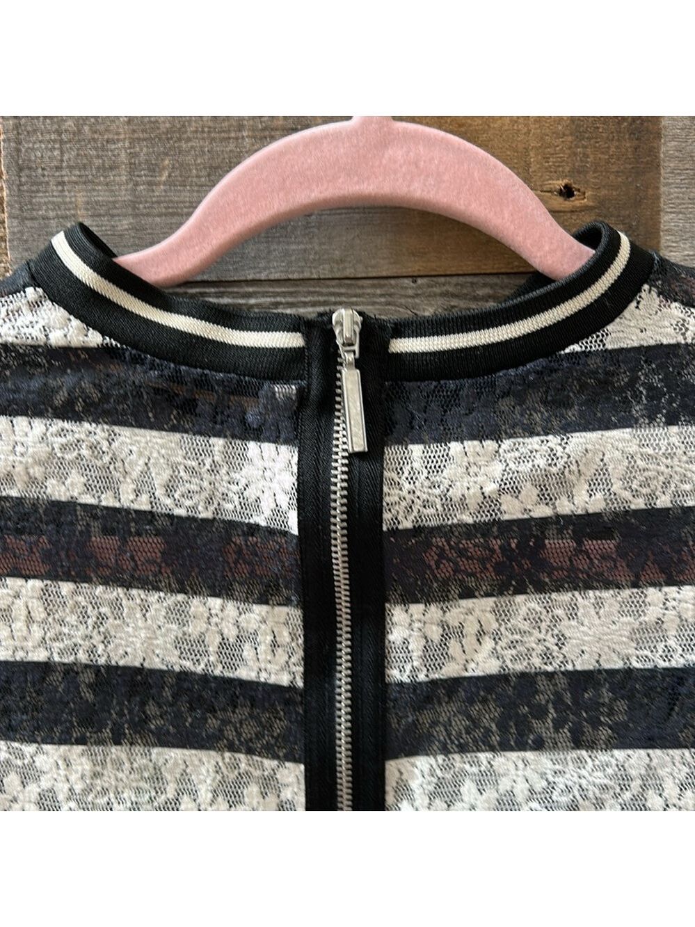 Zara Black and White Stripe Floral Lace Semi Sheer Top Size Small - Picture 6 of 8